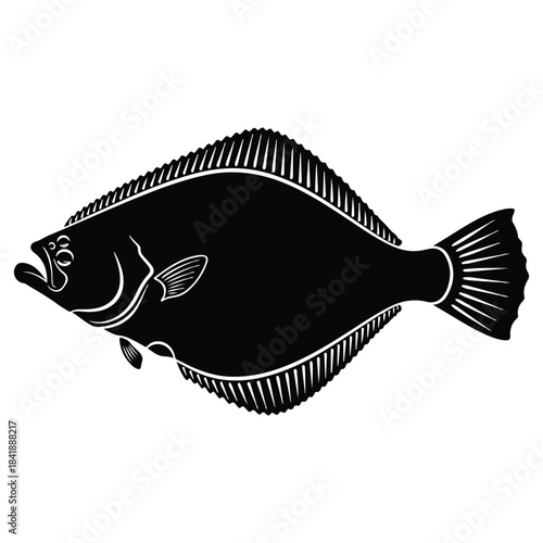Black silhouette of a flatfish, representing marine life and aquatic ecosystems