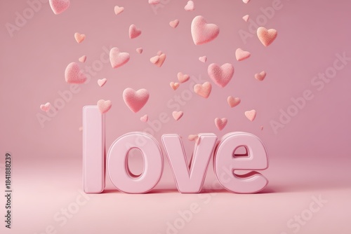 Whimsical Typography of Love with Floating Hearts on Soft Pink Background