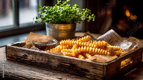A rustic wooden tray filled with golden, crispy corkscrew french fries served with a side of dipping sauce and a small potted herb plant nearby