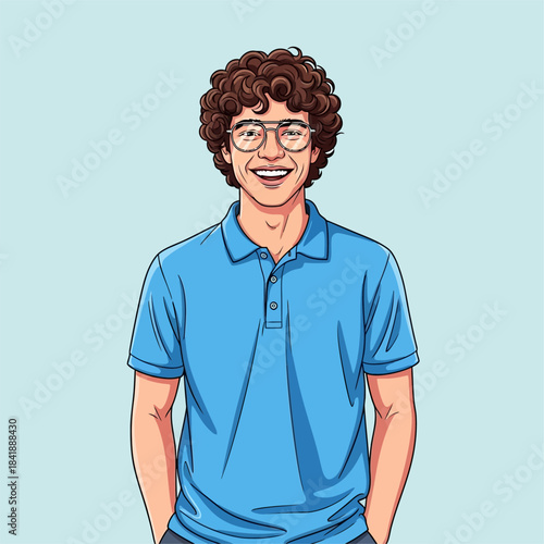 Smiling Man with Curly Hair and Glasses in Blue Polo Shirt.