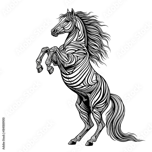 Striking Zebra-Patterned Horse Rearing Up in Detailed Black and White Illustration.