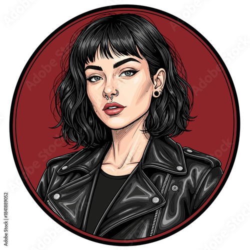 Stylish Woman with Black Hair and Leather Jacket Portrait.