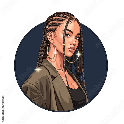 Stylish Woman with Braids and Hoop Earrings in Portrait.