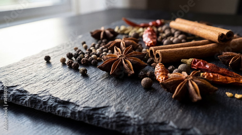 Fototapeta Naklejka Na Ścianę i Meble -  Aromatic spice symphony on slate stone summons culinary imagination for delicious dishes