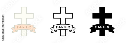 A collection of Easter cross icons with 'EASTER' text on a banner, presented in various styles including outline, solid, and muted, ideal for religious holiday designs.