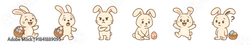 Cute cartoon Easter bunnies expressing various emotions: happy, surprised, angry, sad with a broken egg, excited, and confused, celebrating the holiday.