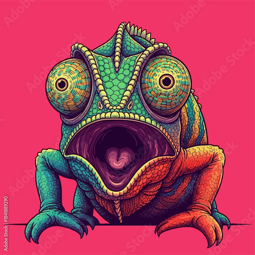 Surprised Chameleon with Wide Open Mouth and Bulging Eyes.