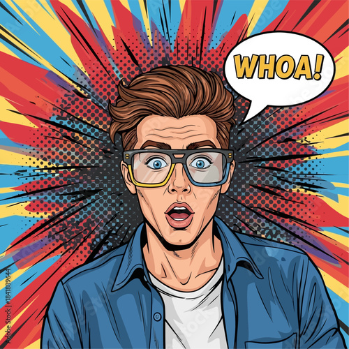 Surprised Man with Glasses in Pop Art Style Saying Whoa.
