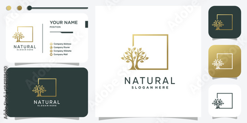 Tree logo with golden abstract concept Premium Vector