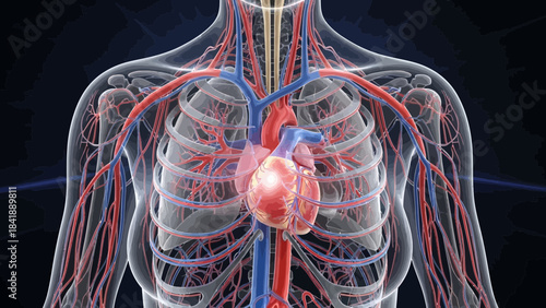 Anatomical illustration showcasing human heart and blood vessel circulatory system