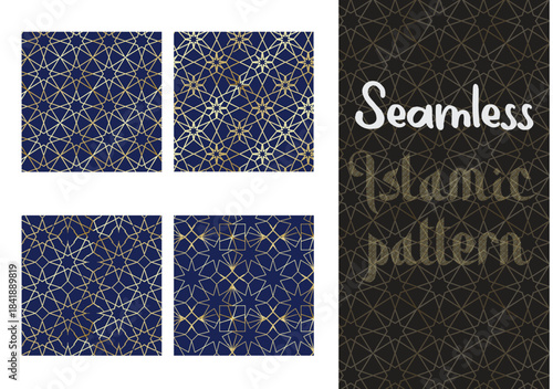 Set of deep blue Islamic Ramadan patterns. Seamless background with hanging gold lanterns and crescent moon. Luxury Eid Mubarak vector texture collection.