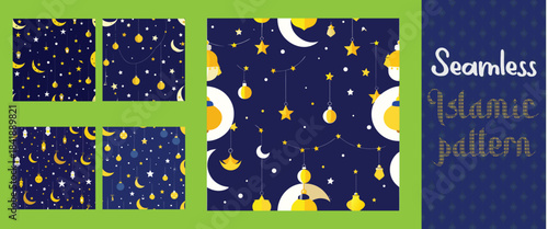 Set of deep blue Islamic Ramadan patterns. Seamless background with hanging gold lanterns and crescent moon. Luxury Eid Mubarak vector texture collection.