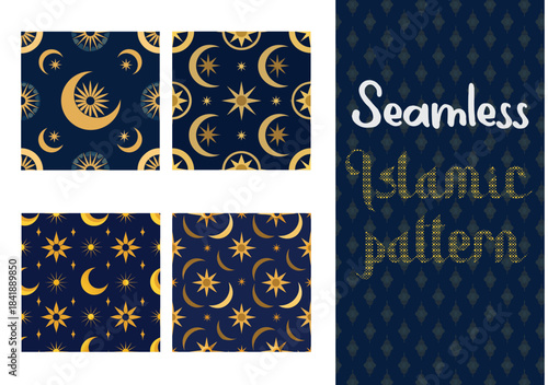 Set of deep blue Islamic Ramadan patterns. Seamless background with hanging gold lanterns and crescent moon. Luxury Eid Mubarak vector texture collection.