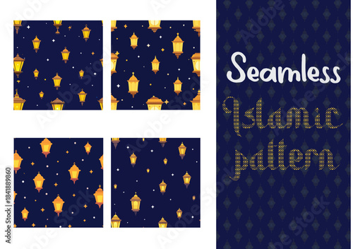 Set of deep blue Islamic Ramadan patterns. Seamless background with hanging gold lanterns and crescent moon. Luxury Eid Mubarak vector texture collection.
