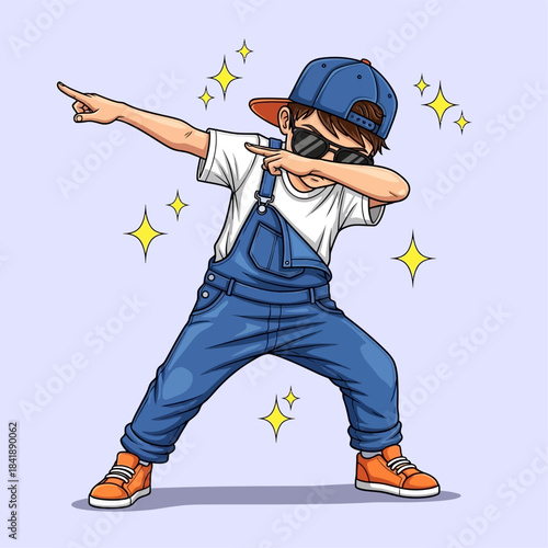 Cartoon Boy Dabbing with Style and Confidence in Overalls and Baseball Cap.