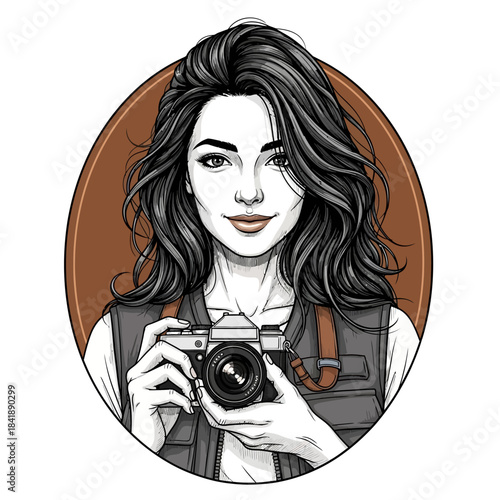 Charming Female Photographer with Vintage Camera in Oval Frame.