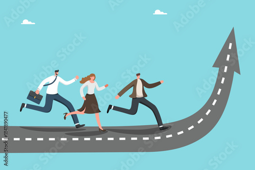Teamwork to achieve business goals, teamwork intelligence or motivation for high results, team achievement of the highest peaks, career growth, colleagues run up the rising road.