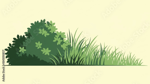 Detailed Vector Illustration of Decorative Garden Hedge and Lush Grass BorderA detailed vector illustration featuring a lush, decorative green hedge and a dense section of fresh grass,