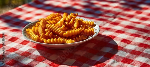 A bowl of golden, ridged french fries sits on a red and white checkered picnic tablecloth under bright sunlight