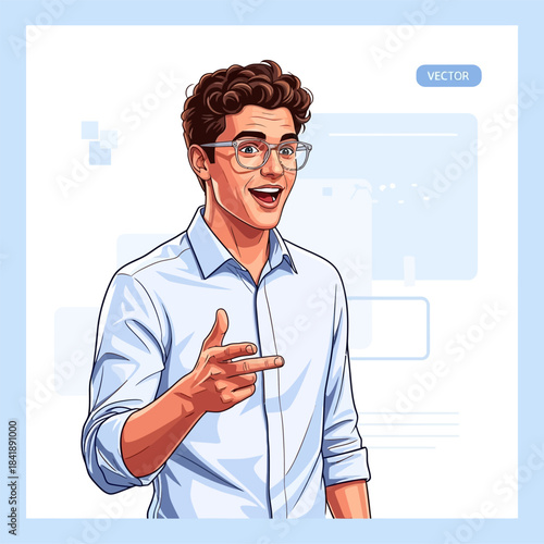 Enthusiastic Man with Glasses Pointing, Cartoon Style Illustration.
