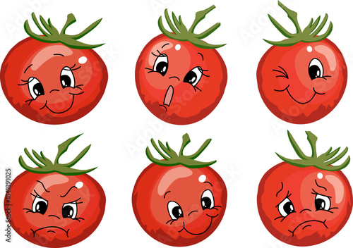 Collection of red tomatoes with emotions.Color vector illustration with happy and sad tomatoes on transparent background.