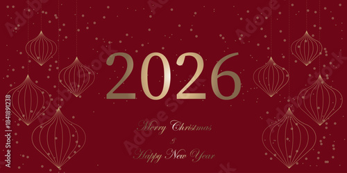 Happy New Year 2026 brochure covers set. Xmas minimal banner design with festive with balls. Vector illustration for flyer, poster or greeting card. Mesh balls in red background