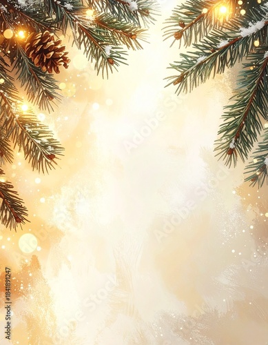 Fondo navideño elegante con bokeh dorado suave, ramas de pino difusas en los bordes