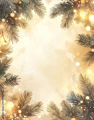 Fondo navideño elegante con bokeh dorado suave, ramas de pino difusas en los bordes