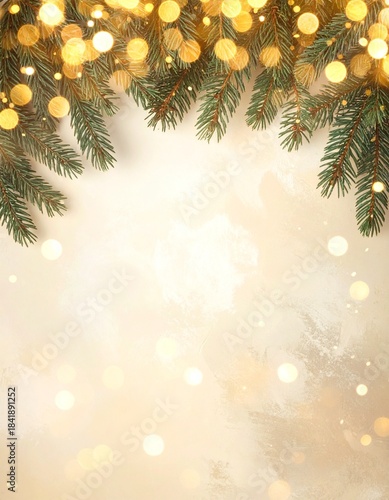 Fondo navideño elegante con bokeh dorado suave, ramas de pino difusas en los bordes