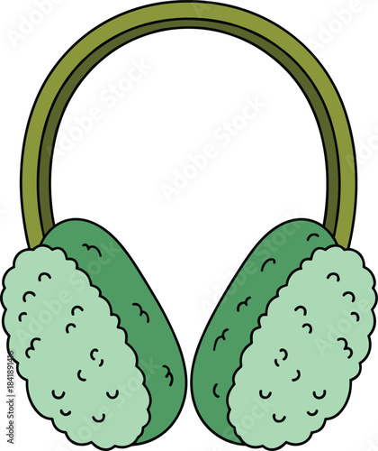 Green earmuffs winter accessory, fluffy ear warmers, cozy headband design, cold weather gear, stylish protection, flat vector illustration