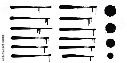 Ink splatter and drip effects, grunge texture elements, black paint marks, street art design assets, flat vector illustration