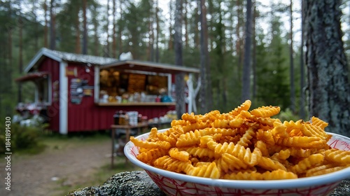 A closeup of a bowl of crinklecut french fries served outdoors in front of a small, rustic red food stand nestled deep within a forest setting