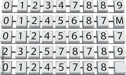 Mechanical flip number display set, retro counter digits, electromechanical scoreboard design, vintage numeric interface, flat vector illustration