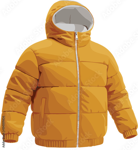 Orange puffer jacket with hood, quilted winter coat design, insulated outerwear fashion, cold weather clothing, flat vector illustration
