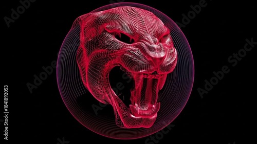 Red 3D model of a big cat's head in wireframe, emitting energy from its open jaws, a circle background