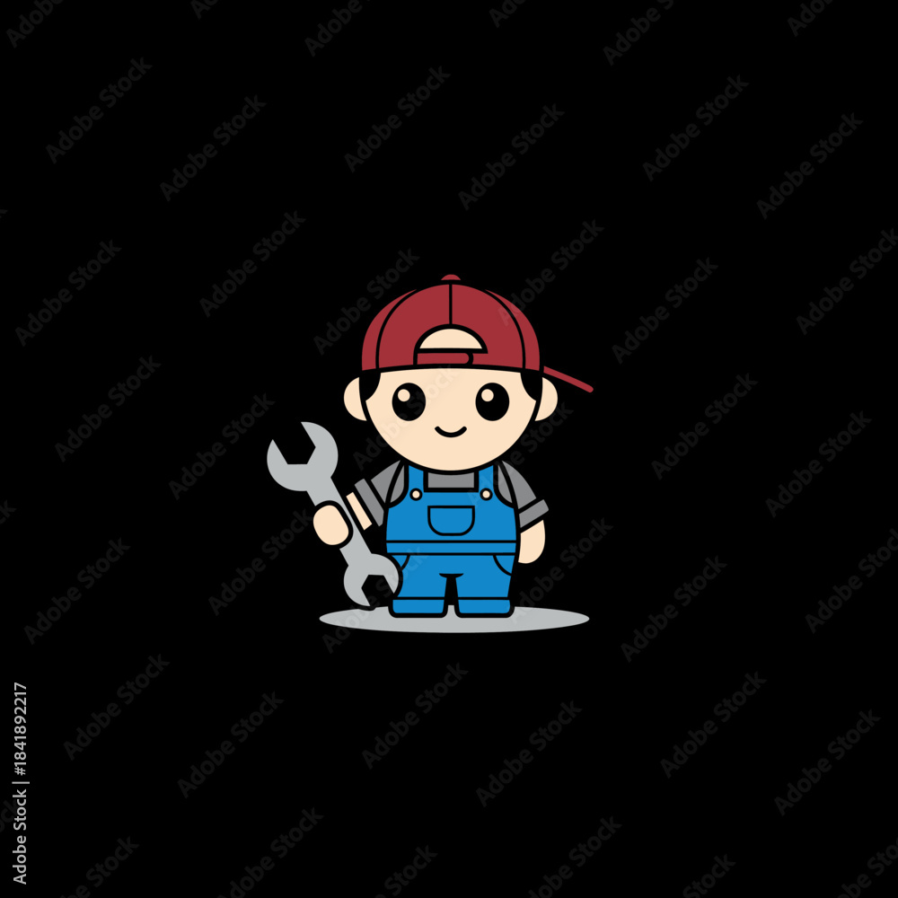 Fototapeta premium Cute Cartoon Mechanic Boy Holding a Wrench.