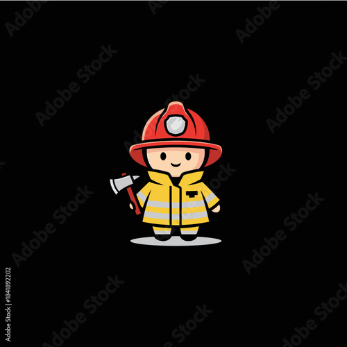 Cute Cartoon Firefighter Holding an Axe Ready to Help.