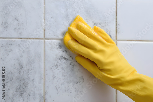 Woman in yellow glove scrubbing black mold from white tile. Household cleaning and bathroom maintenance concept for hygiene and fungus removal.