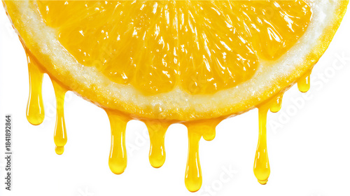 Fresh lemon slice with juice dripping down against a plain background showing bright color and texture details
