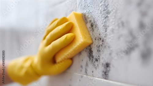 Woman in yellow glove scrubbing black mold from white tiled wall with sponge and soap foam. Concept of household cleaning and fungus removal.