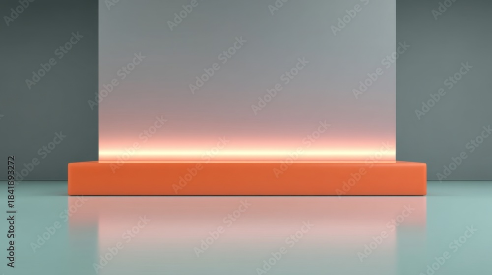 Obraz premium Minimalist Modern Display Space with Orange Bench and Soft Gradient Lighting in Contemporary Interior Design Setting