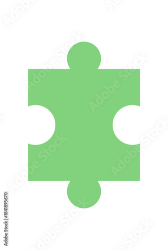Green jigsaw puzzle piece silhouette in flat style. Simple boardgame element for fun playing activities at table or home. Toy design for childhood entertainment and graphic leisure concepts.