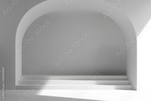 Minimalist modern architecture interior with white arch and steps, clean geometric design, empty bright space, soft natural light, contemporary abstract background suitable for visual presentations