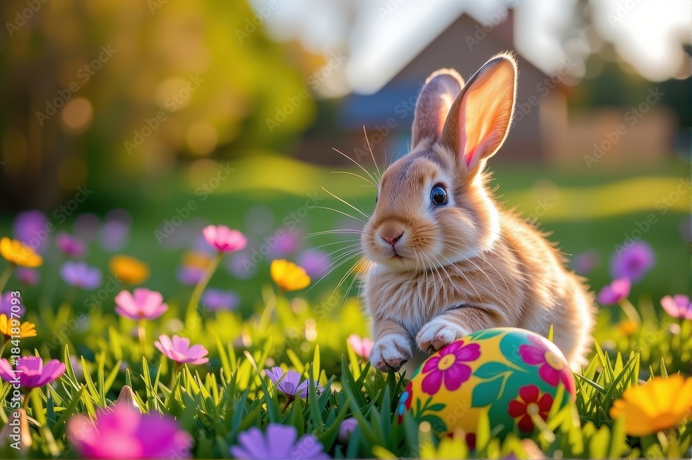 Fototapeta premium A fluffy bunny hops through a sun-drenched meadow, uncovering a vibrantly painted egg at dawn, rabbit, wildlife