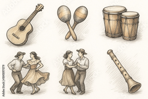 Colorful illustration of Venezuelan culture, cuisine, and nature icons