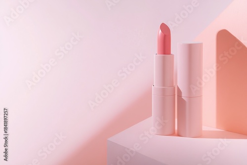 Minimal pink lipstick in sleek tube stands on geometric platform with soft light and shadows. Modern feminine makeup product display.