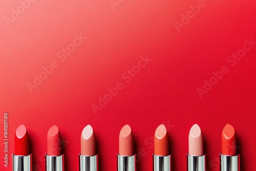 Set of lipsticks in various red and nude shades neatly arranged against red background. Modern beauty product collection for vibrant makeup look