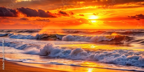 Rolling waves with a fiery orange glow on the beach at sunset, ocean, scenery,  ocean, scenery,beach, flames, waves crash, shore , fire