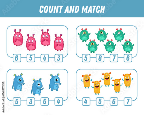 Education game for children count and match of cute cartoon monsters, printable worksheet. Funny monster. Vector illustration