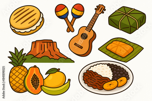 Colorful cartoon illustration of Venezuelan culture and food icons